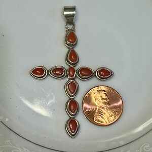 Beautiful Vintage Sterling Silver & Red Coral Cross Pendant